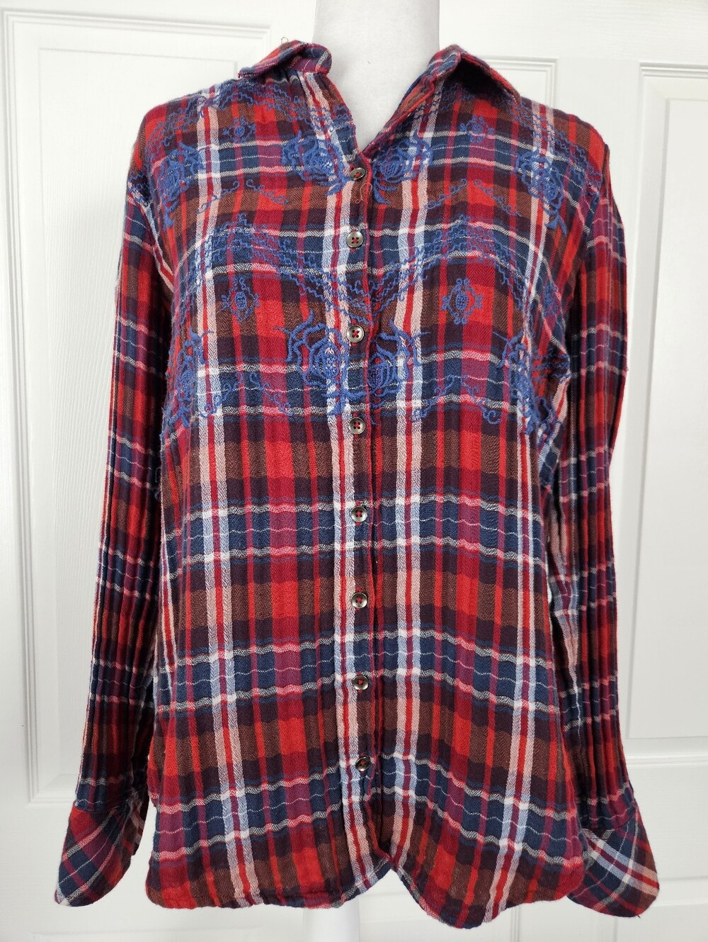 Free People NWT Embroidered Plaid Top